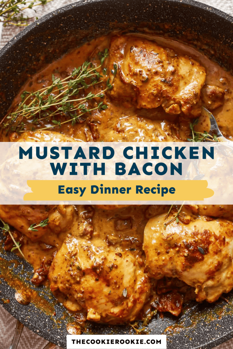 Mustard chicken with bacon in a skillet. This recipe combines the tanginess of mustard with the deliciousness of chicken and bacon cooked together in a skillet.