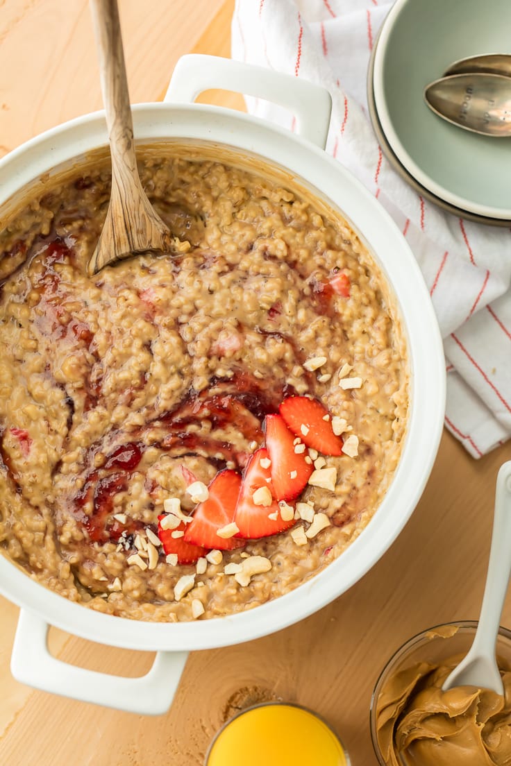 a large pot filled with strawberry peanut butter oatmeal