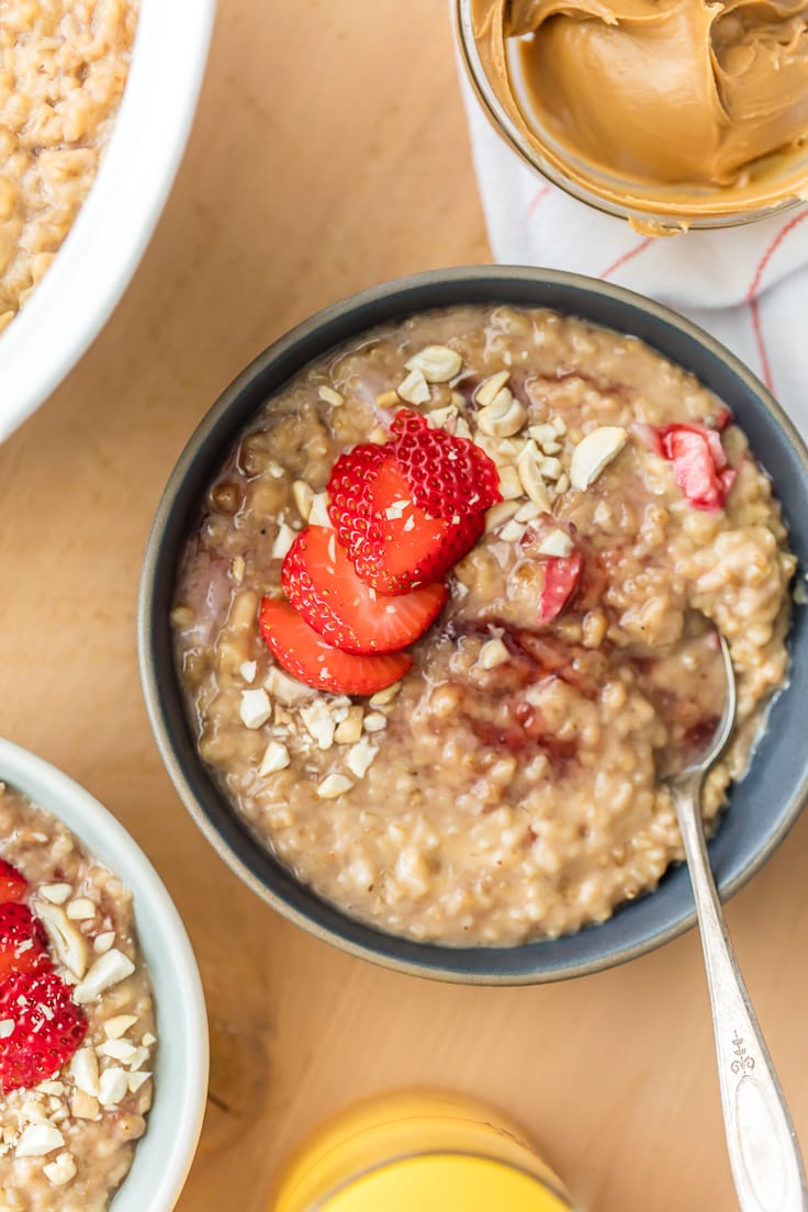 a bowl of peanut butter and strawberry oatmeal
