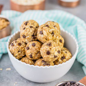 a white bowl full of peanut butter banana no bake energy bites