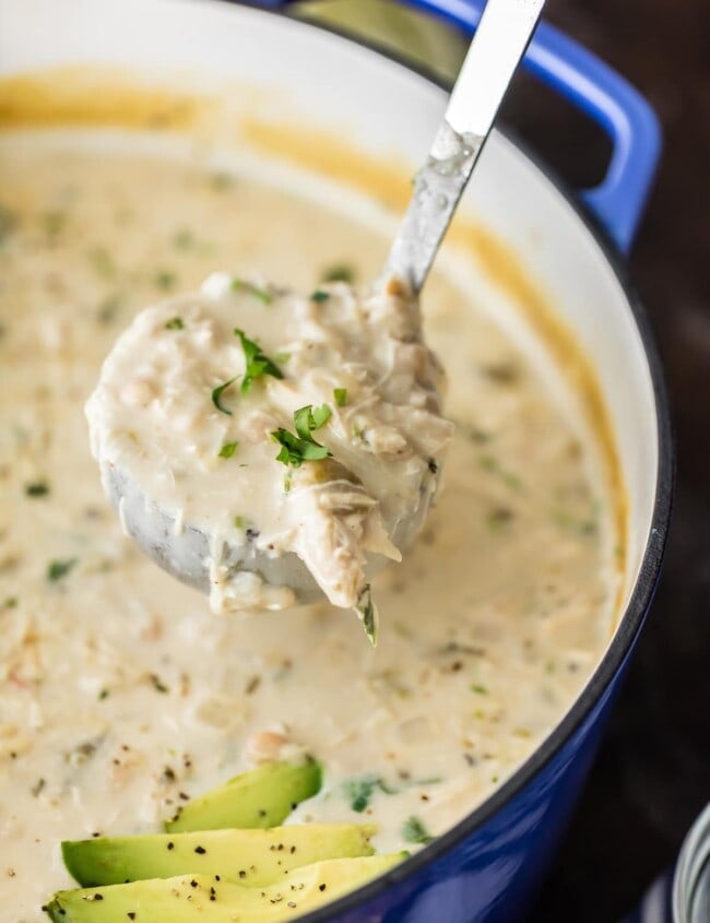 CREAMY WHITE CHICKEN CHILI made with CREAM CHEESE is the ultimate comfort food! Made in minutes and feeds up to 16 people! Freeze some for a delicious meal later. THE BEST WHITE CHICKEN CHILI EVER!