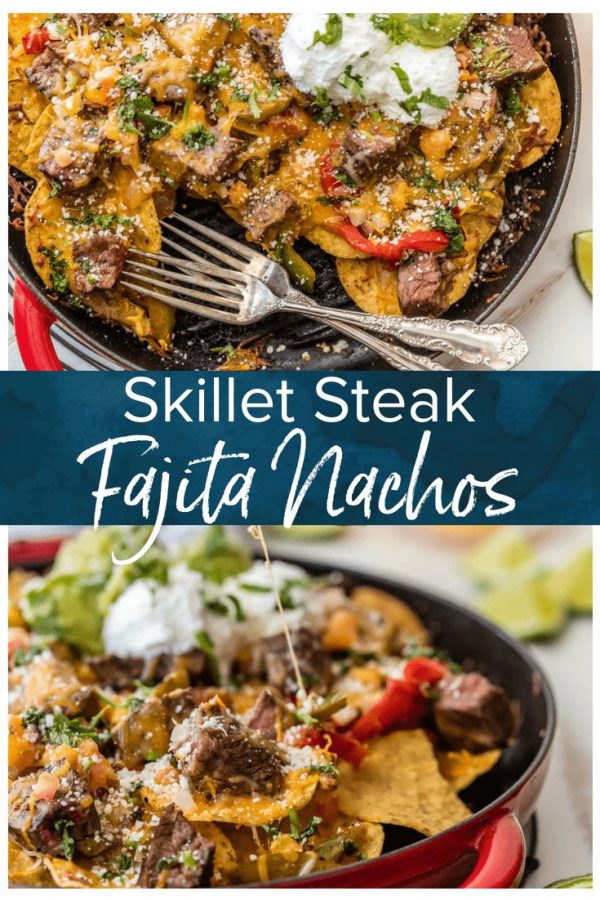 SKILLET STEAK FAJITA NACHOS are a must make for tailgating, the Super Bowl, or anytime! These delicious steak nachos are loaded with peppers, onion, cheese, and marinated steak. Possibly the best nachos ever!