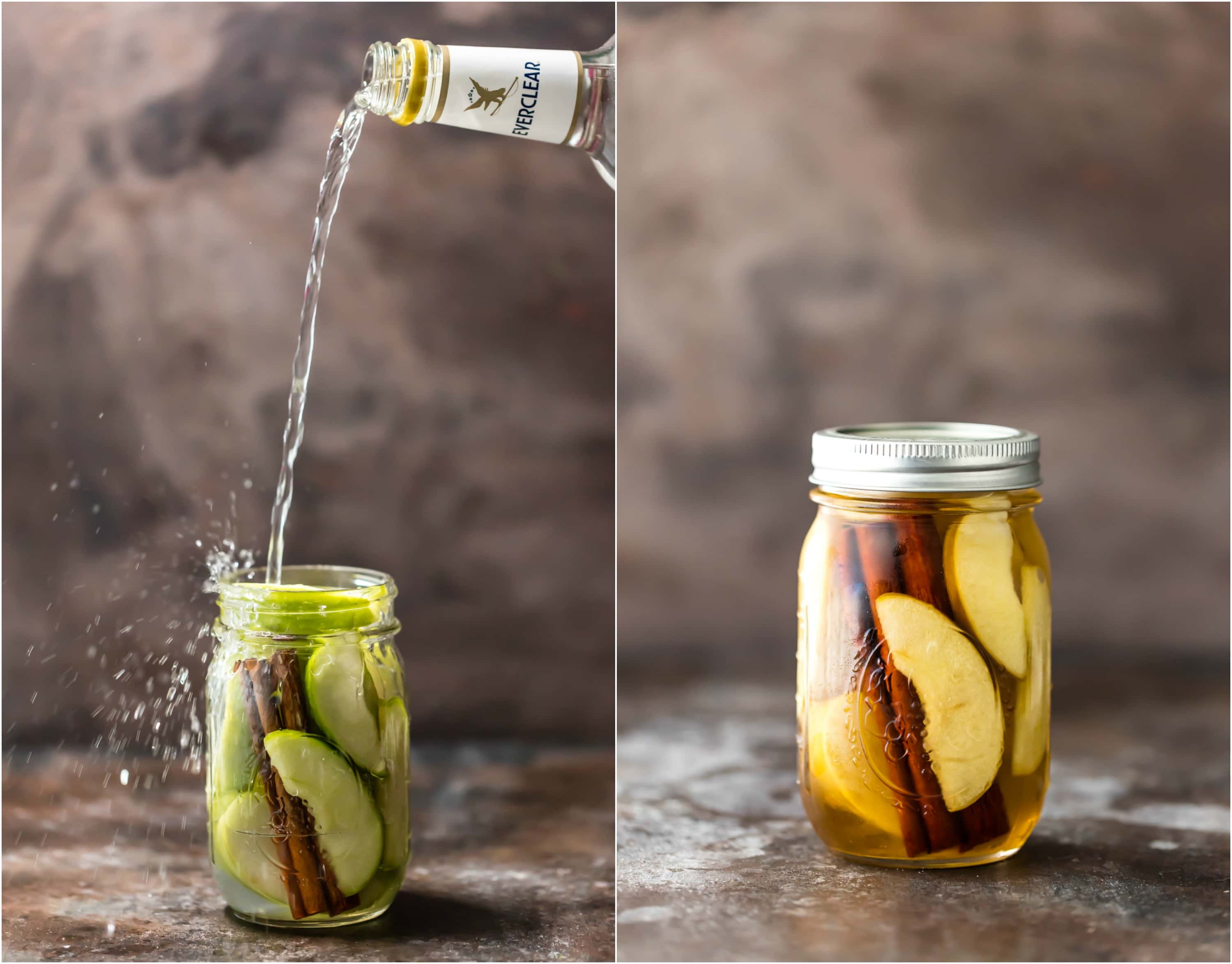 vodka being poured into jar of apples and cinnamon