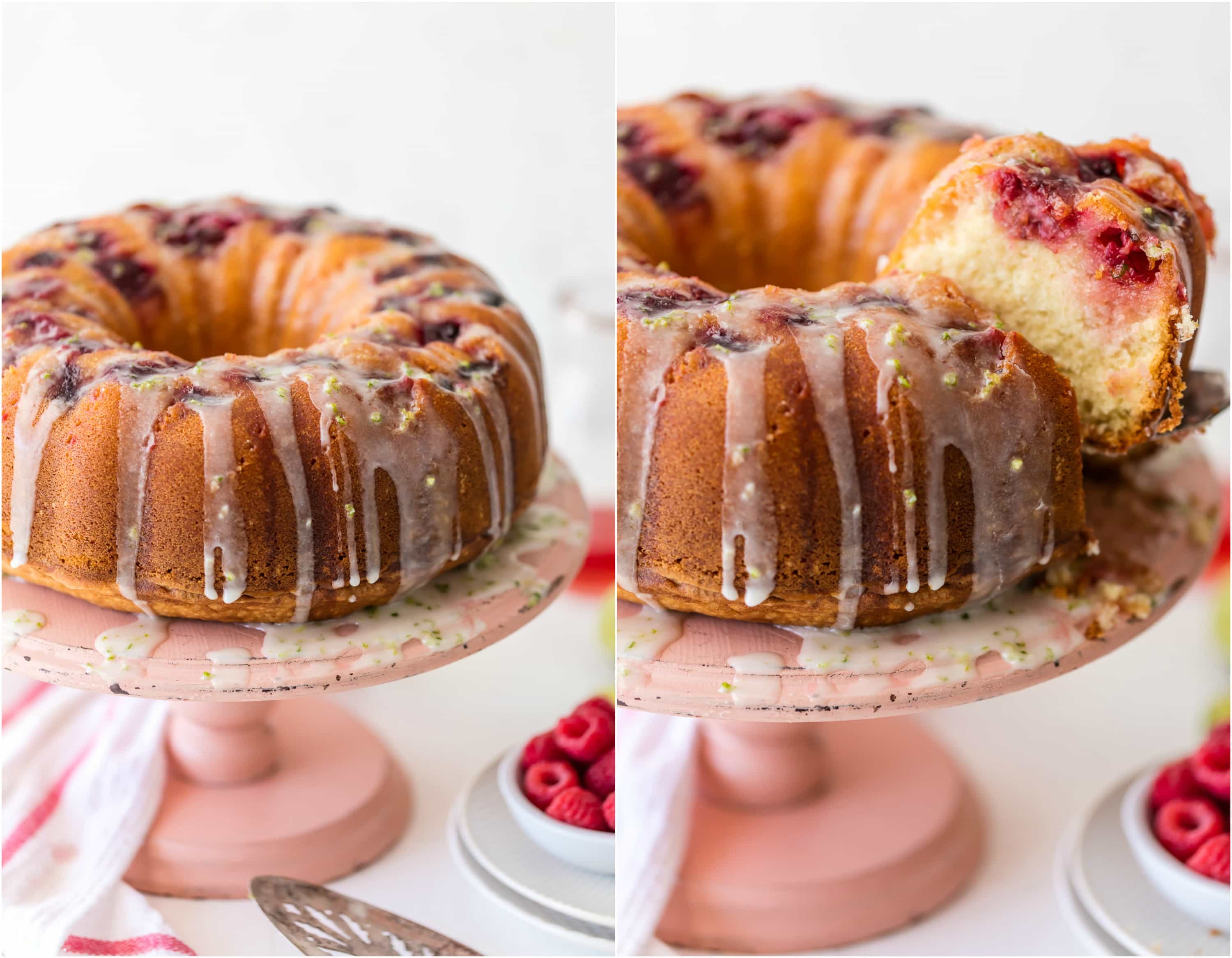 Photo collage: raspberry cake on a pink cake stand