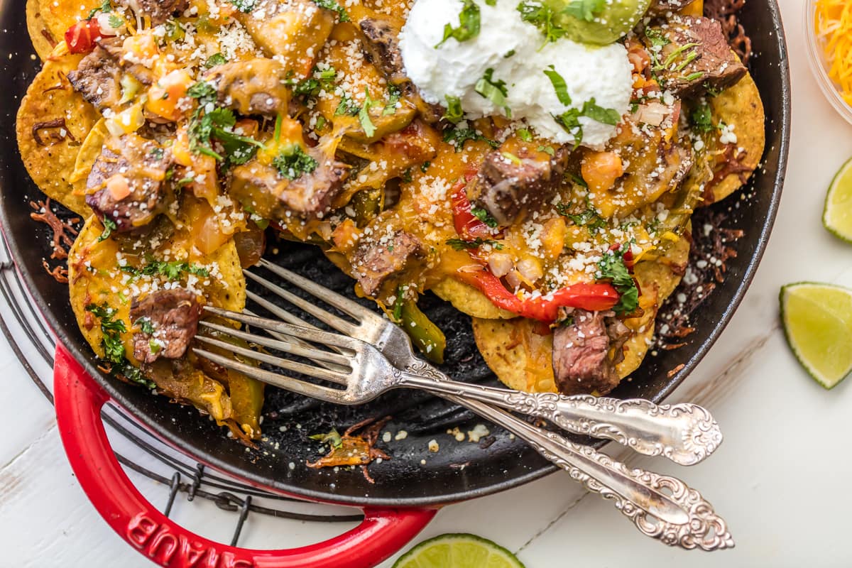 Steak Fajita Nachos in a skillet