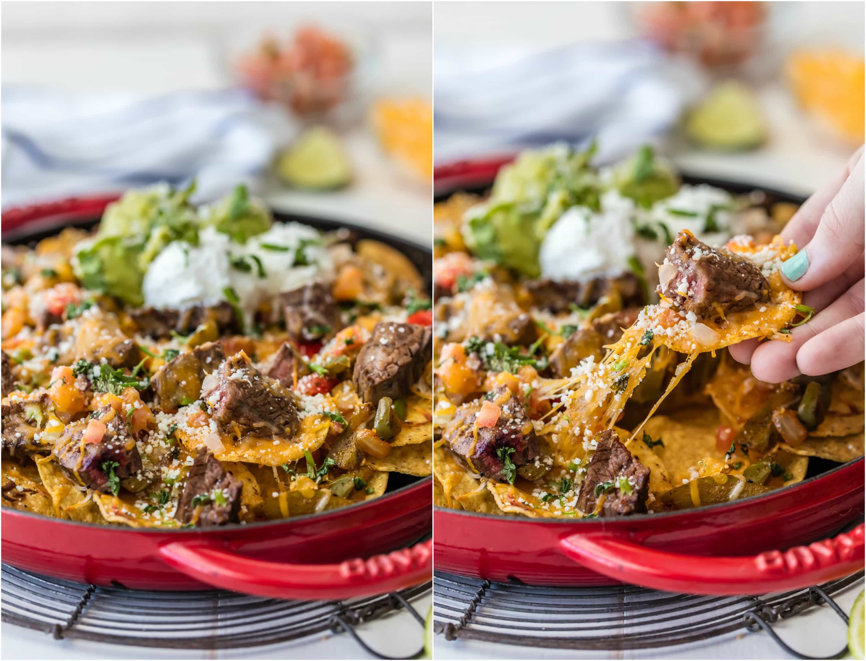 SKILLET STEAK FAJITA NACHOS are a must make for tailgating, the Super Bowl, or anytime! Loaded with marinated steak, peppers, onion, and cheese! BEST NACHOS EVER!