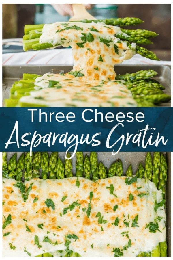 Three Cheese Asparagus Gratin is a delicious side dish perfect for holidays or any weeknight meal! Asparagus under a creamy blanket of a blend of cheeses. What could be better than cheesy asparagus?! This easy asparagus recipe just too good not to try!