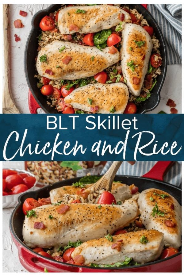 This BLT Chicken and Rice Skillet is the perfect one pan meal to feed the whole family! It's loaded with garlic, chicken, bacon, tomatoes, spinach, and a brown rice & quinoa mix! This chicken and rice recipe is totally delicious and SO EASY!