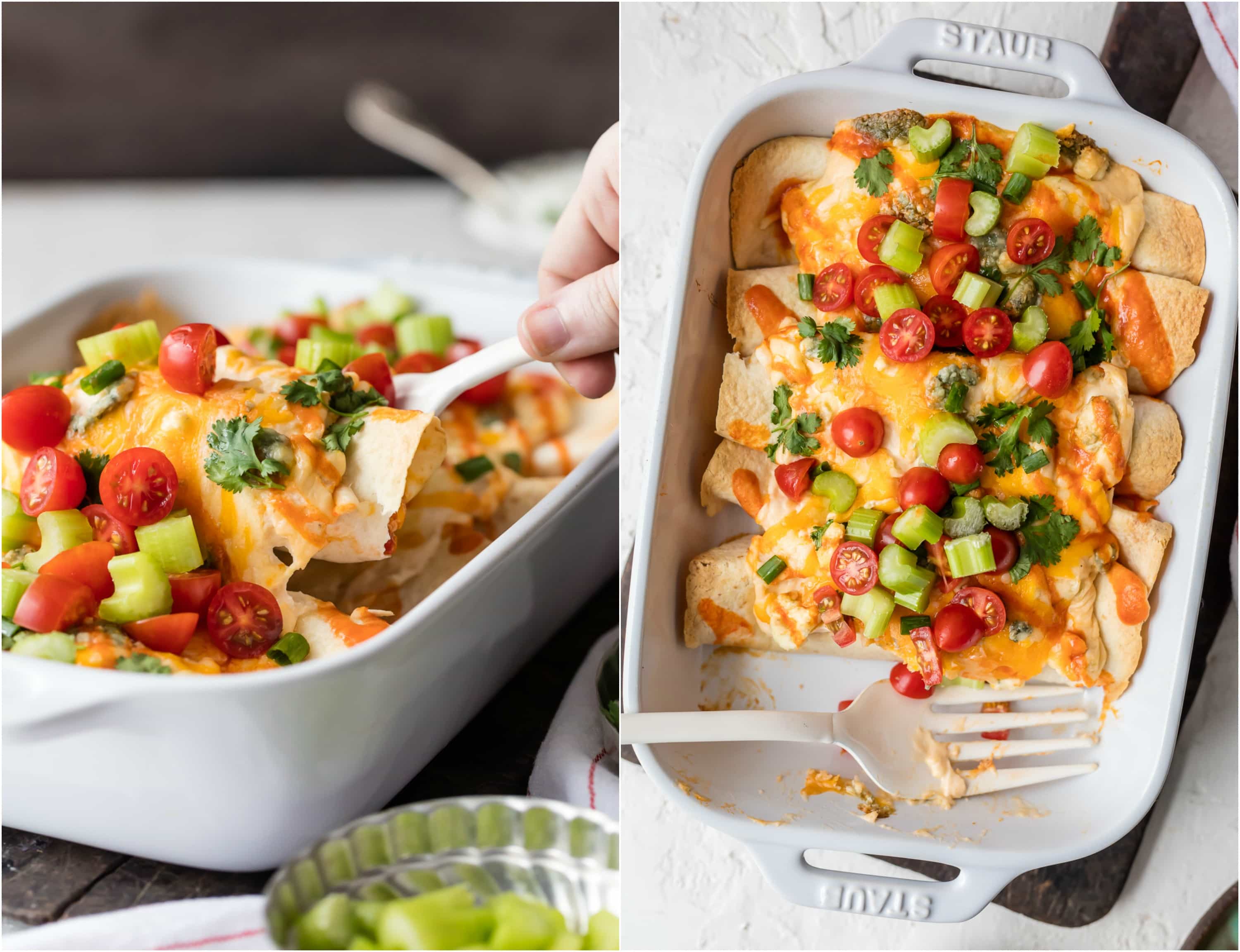 Creamy Buffalo Chicken Enchiladas are SO EASY and delicious. The perfect amount of creamy and spicy. They're loaded with buffalo chicken and then topped with a celery and blue cheese cream cheese queso! Sure to please!