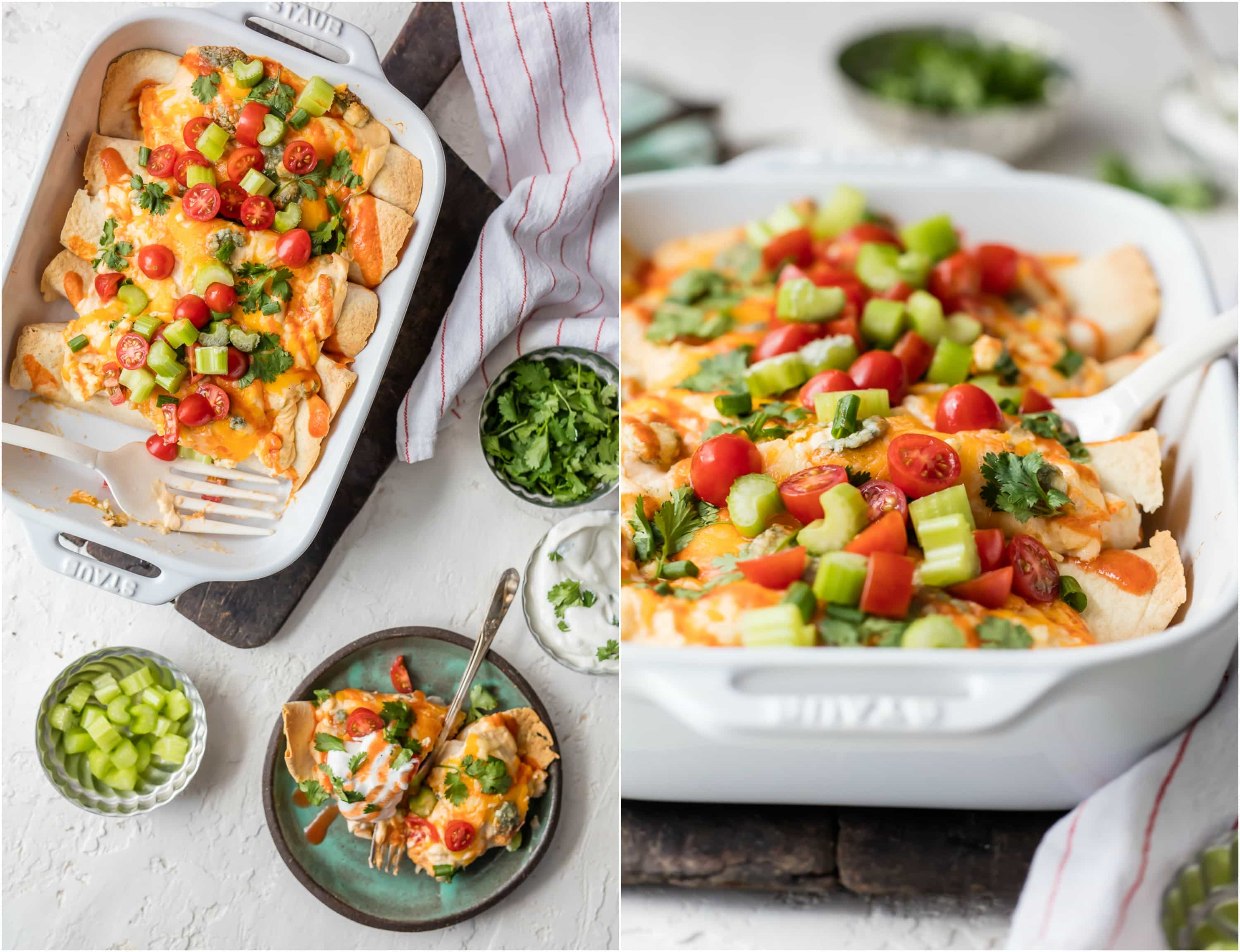 Creamy Buffalo Chicken Enchiladas are SO EASY and delicious. The perfect amount of creamy and spicy. They're loaded with buffalo chicken and then topped with a celery and blue cheese cream cheese queso! Sure to please!