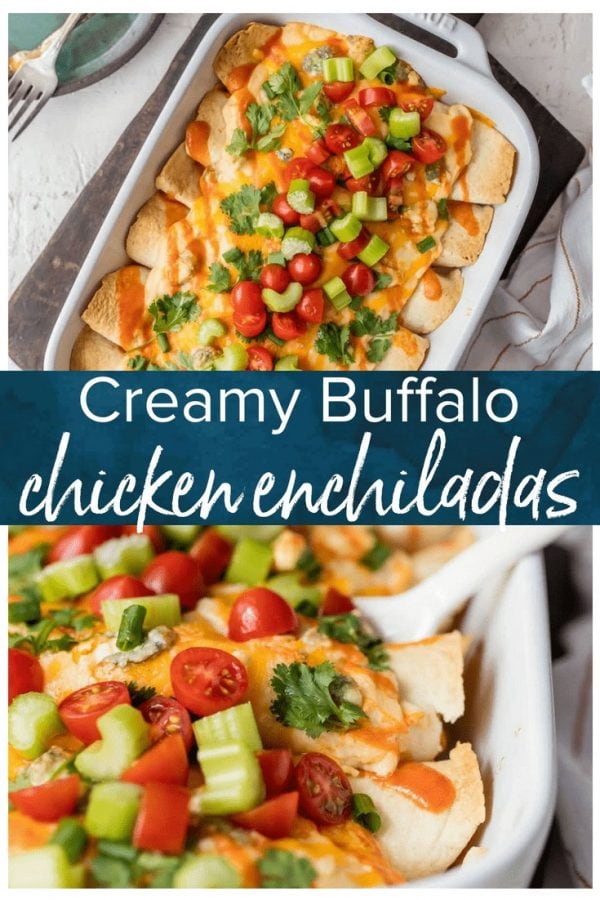 Buffalo Chicken Enchiladas are SO EASY and delicious. This creamy chicken enchiladas recipe is the perfect balance of creamy and spicy. They're loaded with buffalo chicken and then topped with a celery and blue cheese cream cheese queso. A fun and easy chicken enchilada recipe!