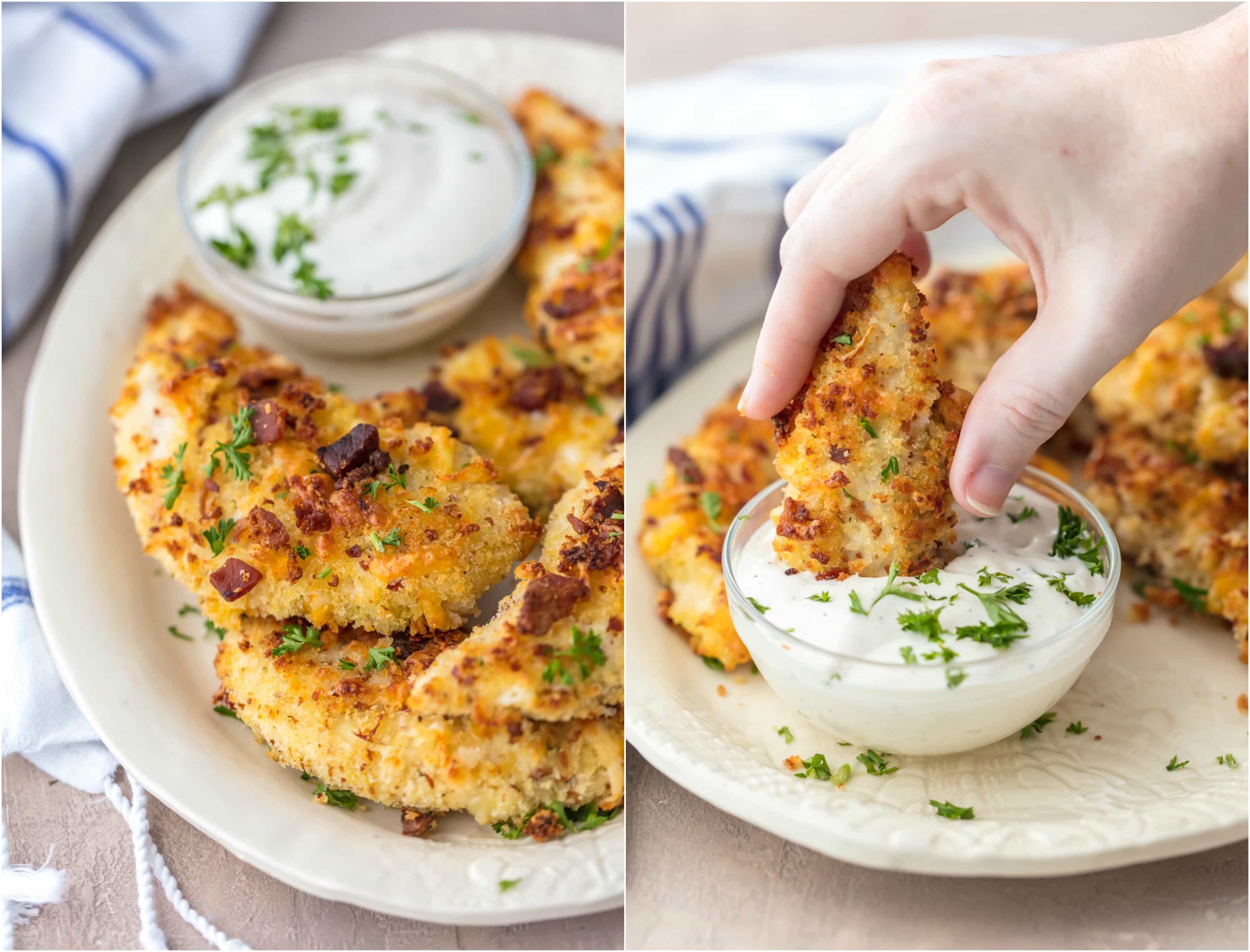 CHEDDAR BACON RANCH CHICKEN TENDERS! These Baked Chicken Strips are SO CRISPY, flavorful, and delicious. Coated in ranch, cheese, and bacon, and baked to perfection. Dip in extra ranch for the perfect snack!