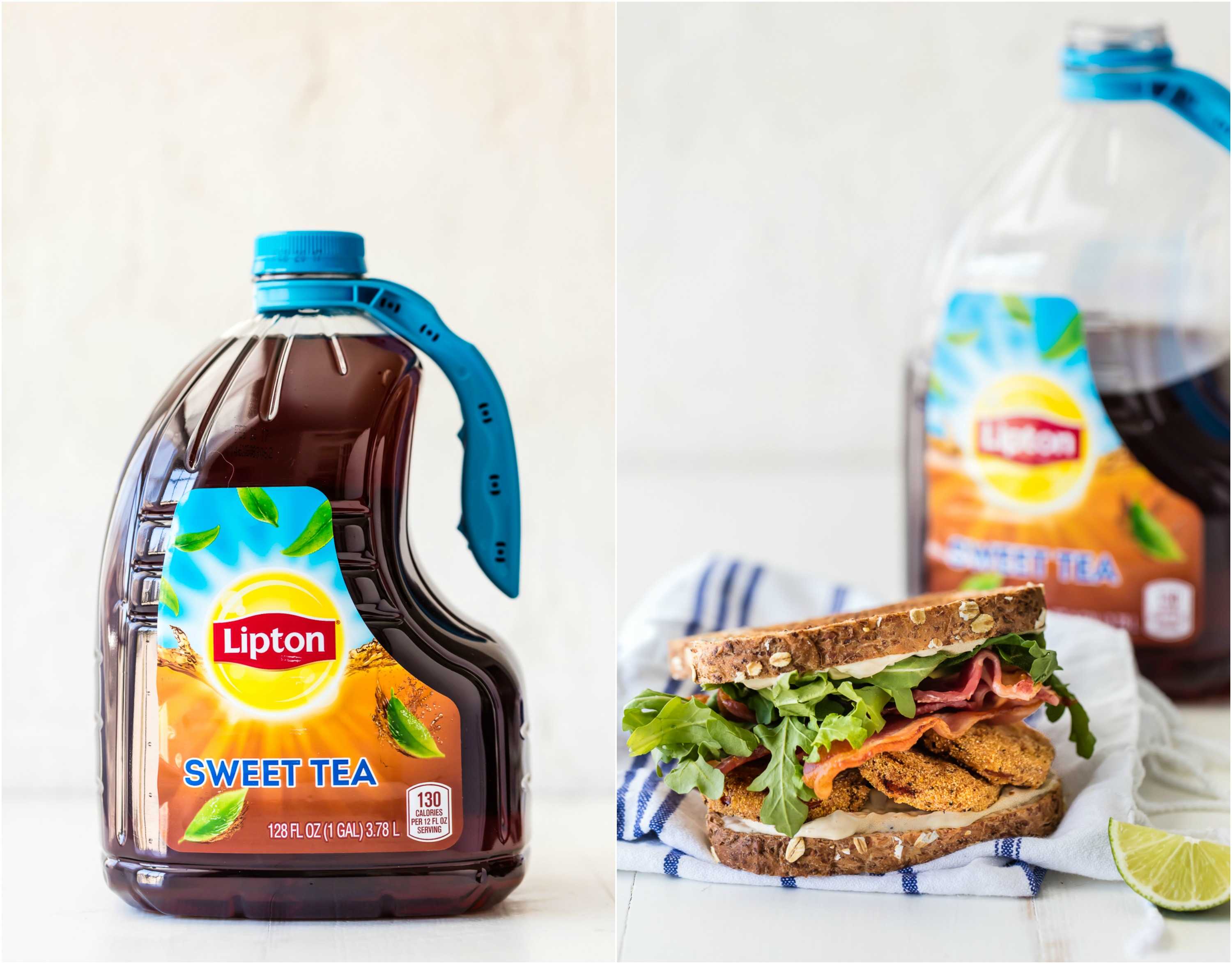Photo Collage: a jug of Lipton Sweet Tea and a BLT sandwich