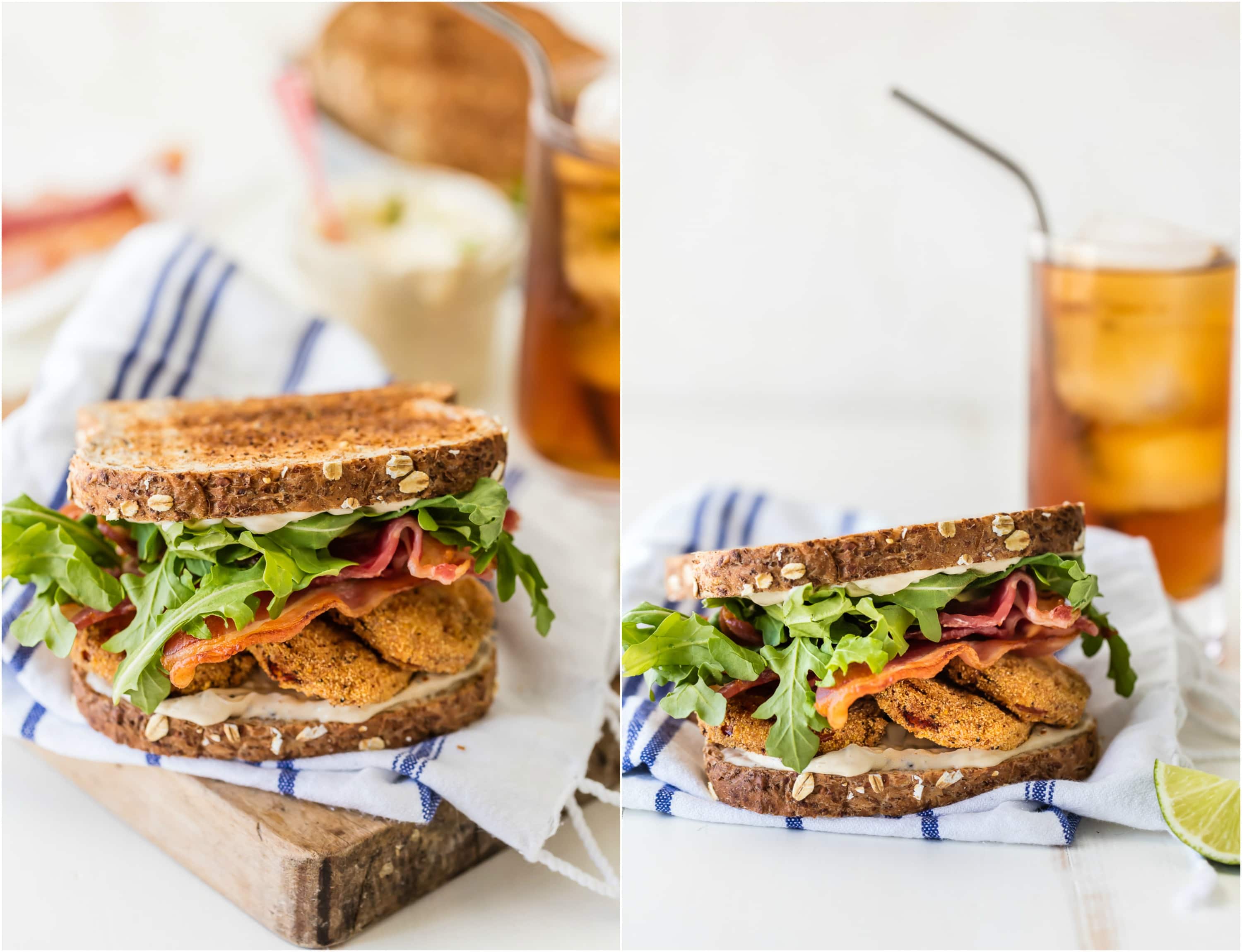 FRIED TOMATO BLTs with CILANTRO LIME MAYO is the best sandwich ever! Reimagine this classic recipe and make it a family favorite! Loaded with herbed fried tomatoes, cilantro lime mayo, arugula, and BACON!