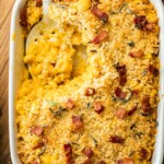 pumpkin bacon mac and cheese in a baking dish