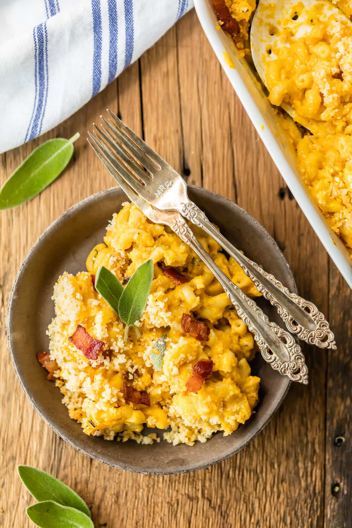 A bowl of pumpkin mac and cheese with bacon