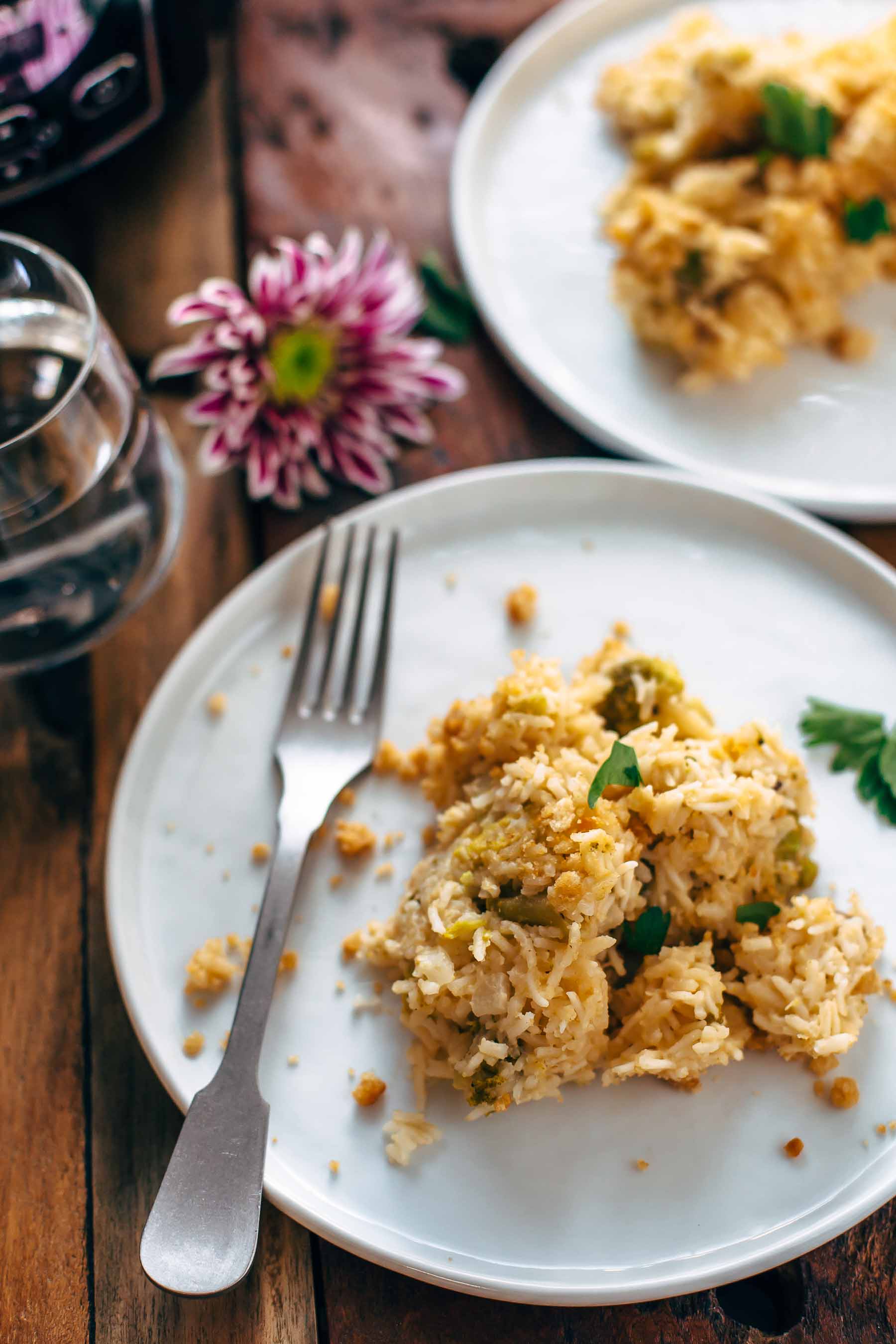 slow cooker cheesy broccoli rice casserole on a plate