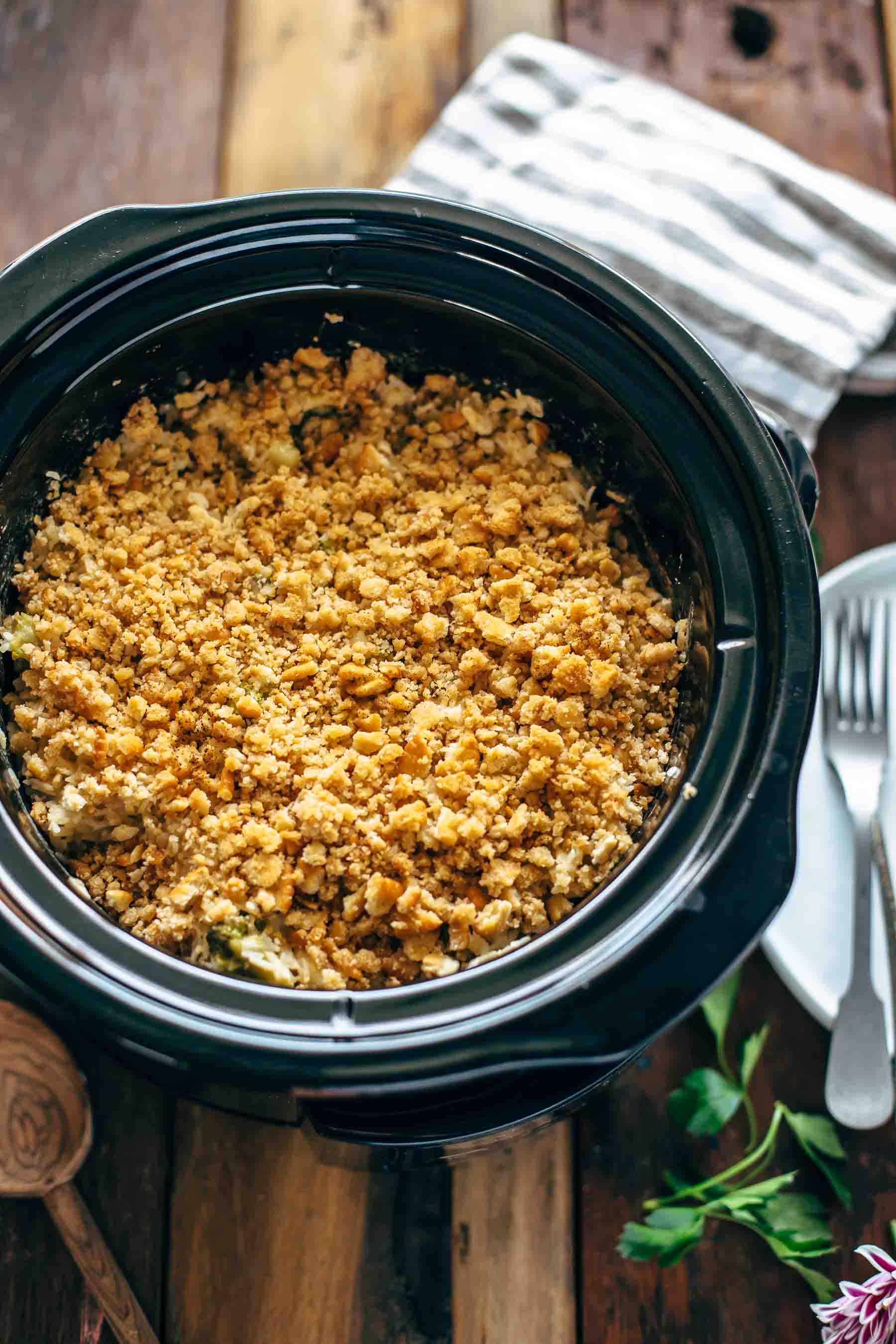 cheesy broccoli rice casserole in a crockpot