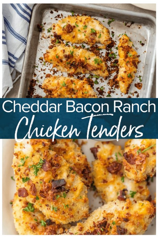 Baked Chicken Tenders are SO CRISPY, so flavorful, and so delicious. These Cheddar Bacon Ranch Chicken Strips are a new favorite for game day! They're coated in ranch, cheese, and bacon, and oven baked to perfection.