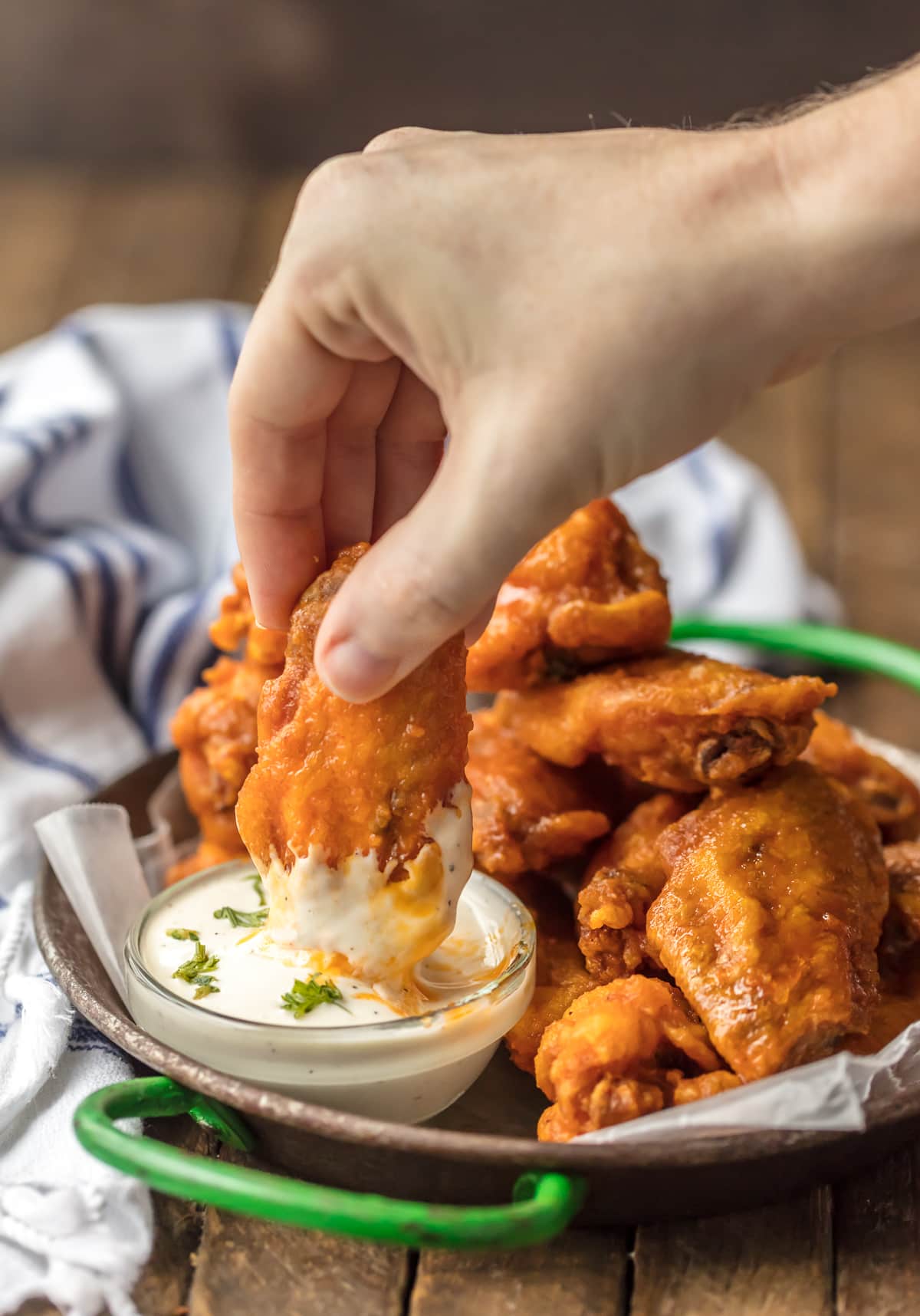 Fried Buffalo Wings Recipe, dipping in ranch