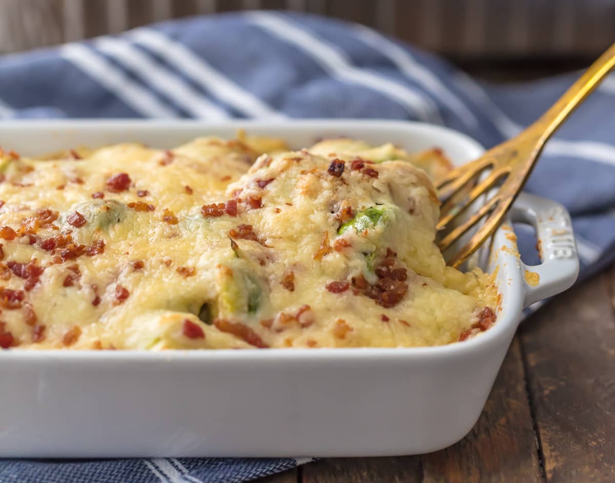 Bacon Brussels Sprouts Au Gratin in a baking dish