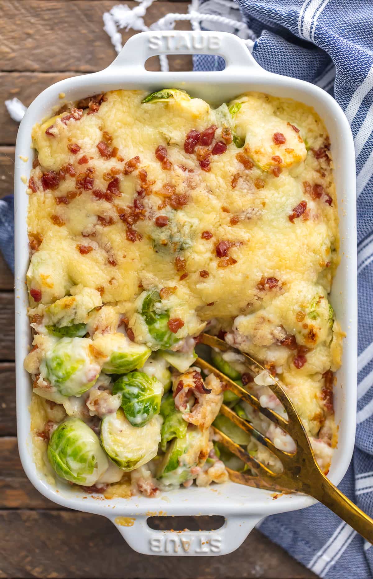 Brussels Sprouts Gratin topped with cheese and bacon
