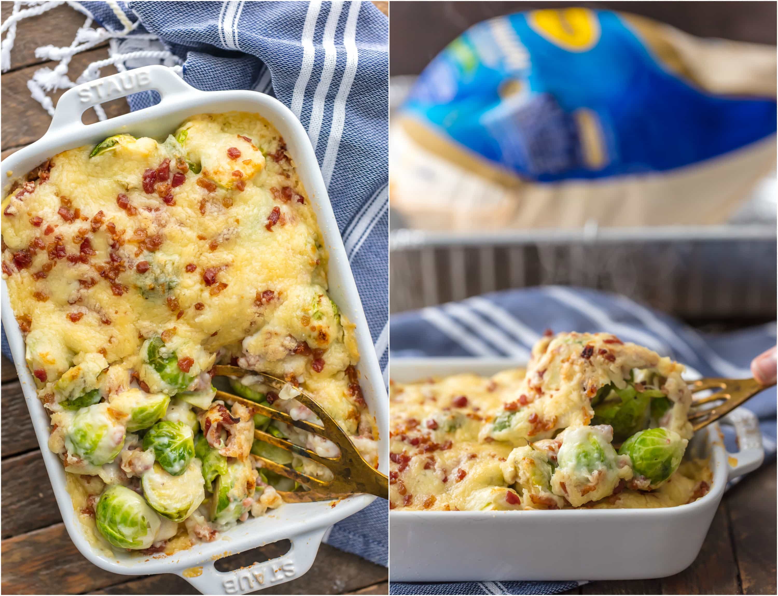 BRUSSELS SPROUT GRATIN with BACON is the ultimate holiday side dish! Who can resist brussels sprouts when sprinkled with bacon and SO MUCH CHEESE! The cream sauce inside is so easy and delicious, making this a Thanksgiving favorite for our family.
