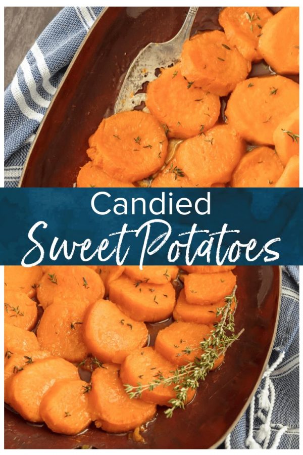 Candied Sweet Potatoes are a must on Thanksgiving! These baked candied sweet potatoes are SO EASY and only contain 4 INGREDIENTS. This easy candied sweet potatoes recipe is simply delicious, the perfect holiday recipe.