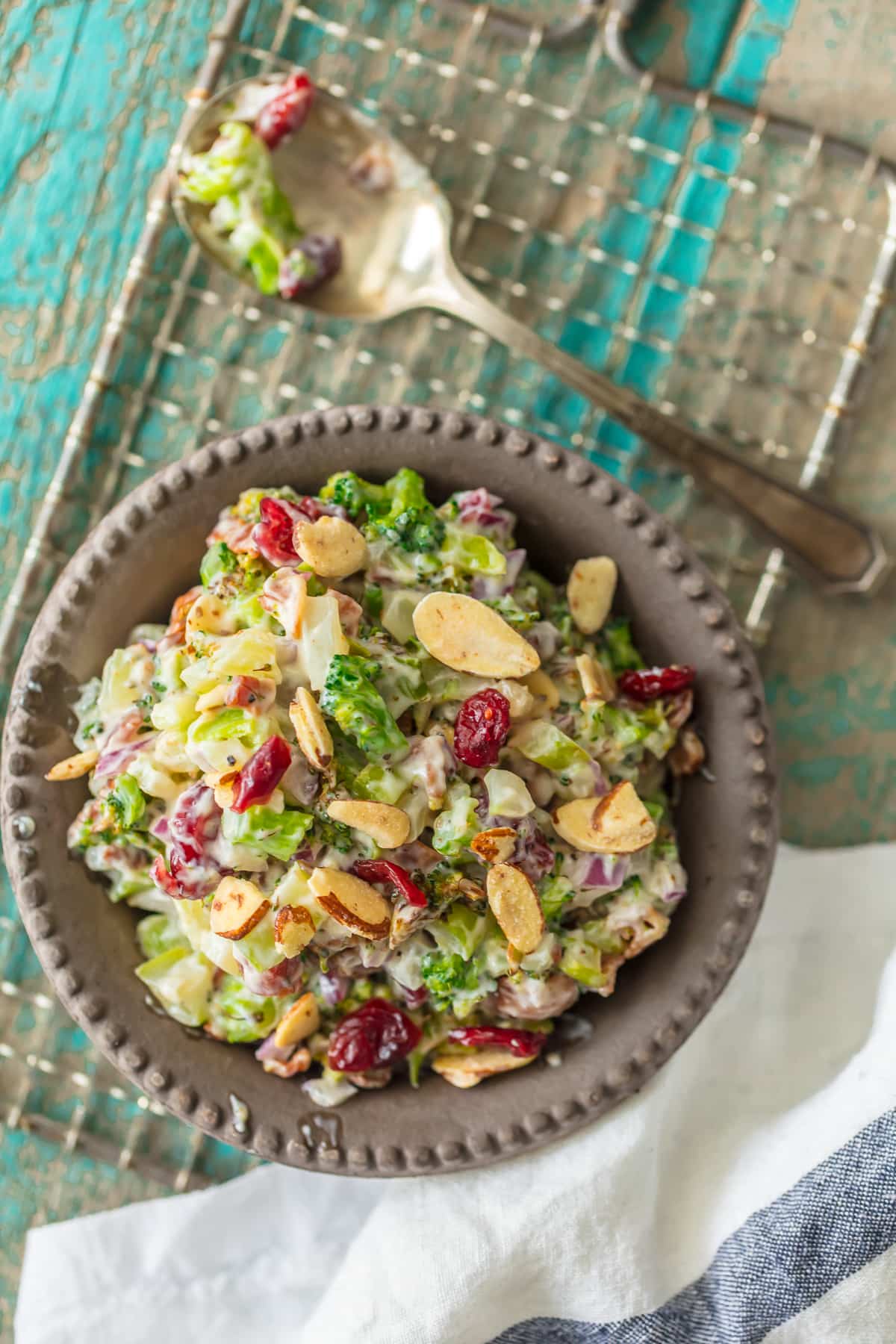 Broccoli Salad recipe with almonds, cranberries, and bacon