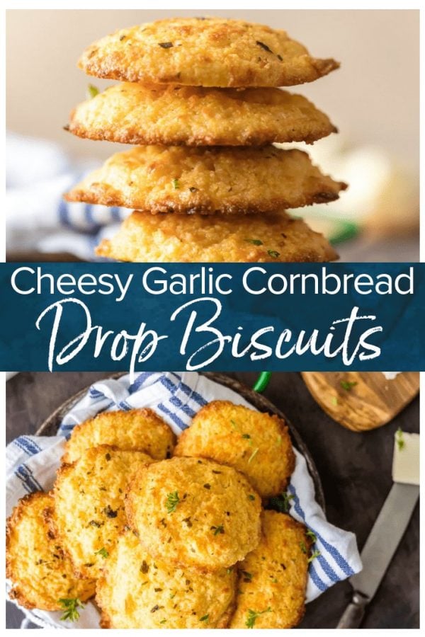 Cheesy Cornbread Drop Biscuits are EASY, delicious, and perfect for the holidays! These delicious garlic and cheese cornbread biscuits always make an appearance on our Thanksgiving and Christmas tables. This easy cornbread recipe can be made in no time with the help of cornbread mix and a few extra ingredients!