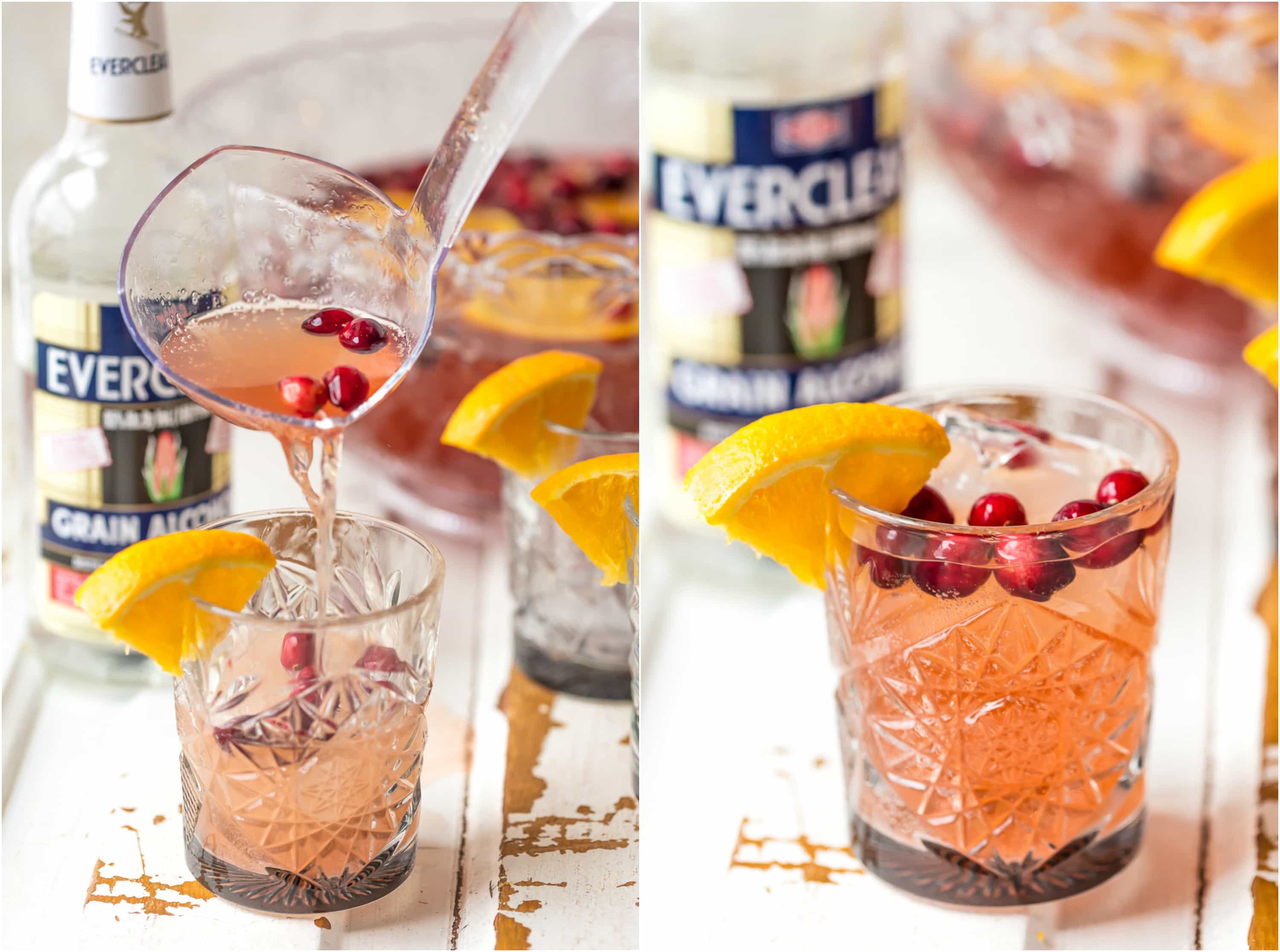 a ladle pouring a holiday drink into glassware
