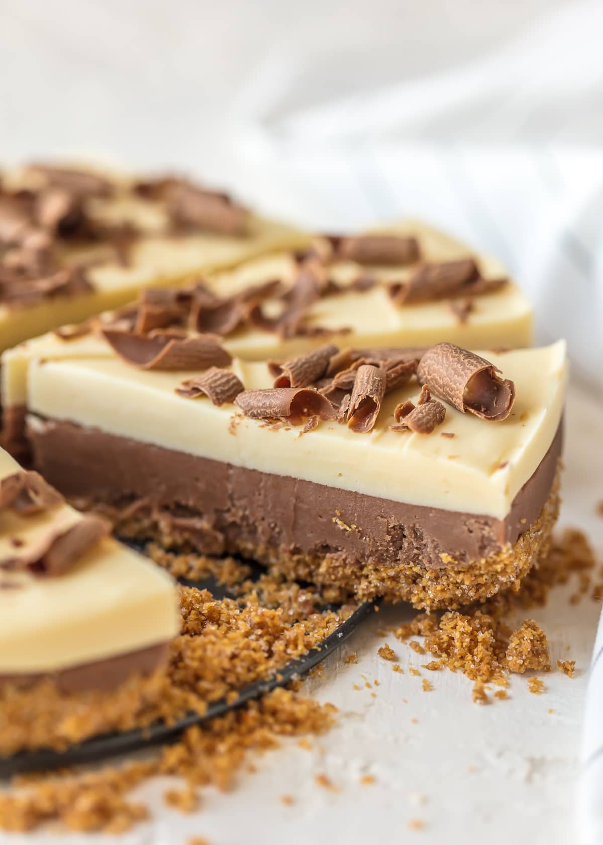 French Silk Pie Fudge topped with chocolate curls