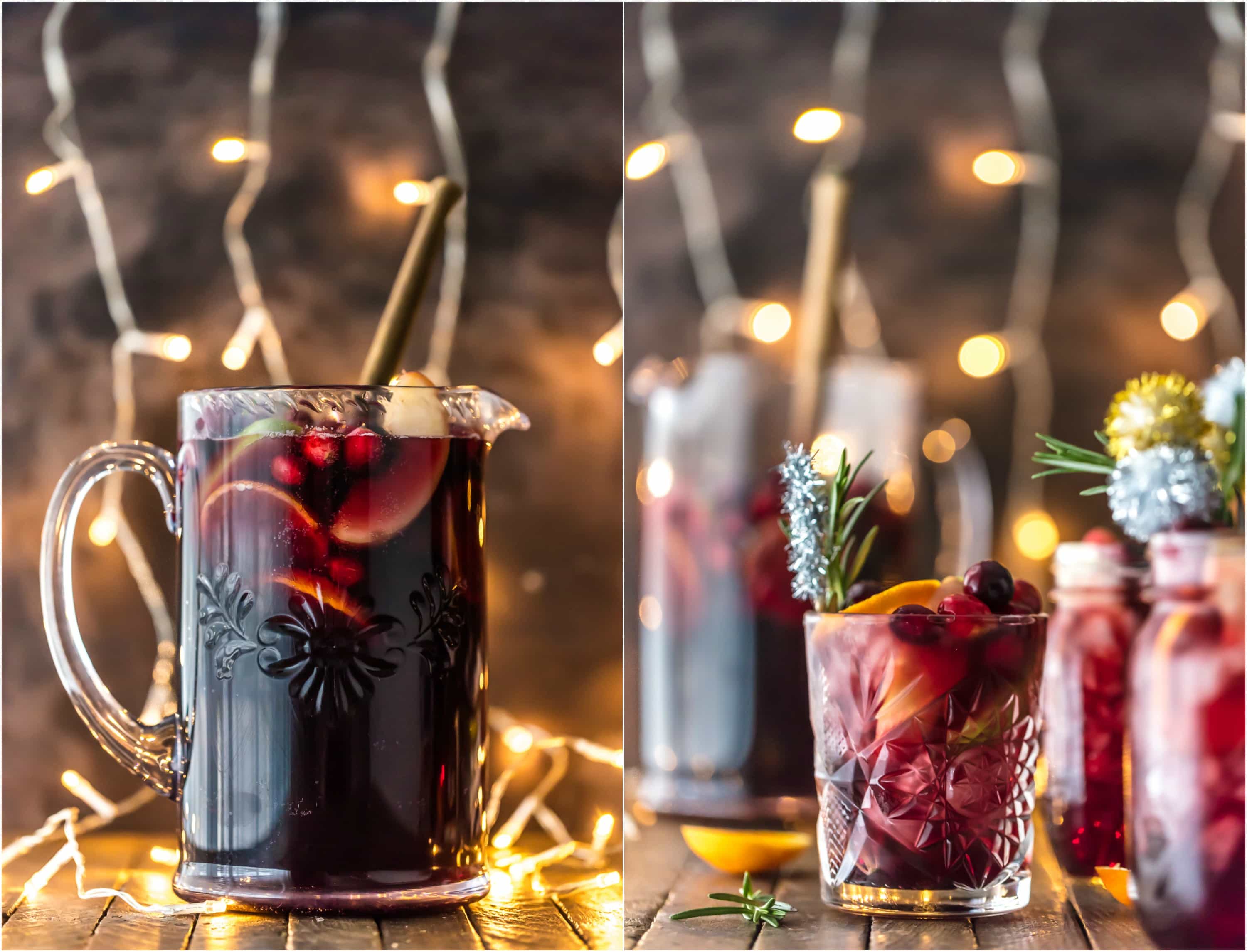 Pitcher of holiday sangria and glasses of sangria in front of string lights