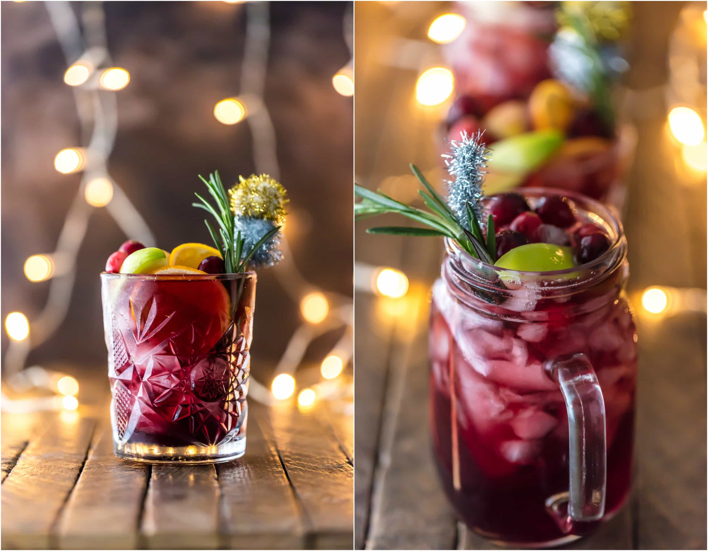 Deep red sangria with fruit, rosemary, and sparkly pompoms