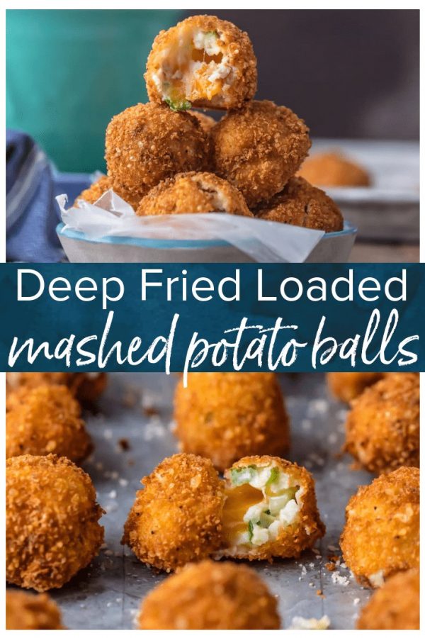 FRIED MASHED POTATO BALLS loaded with bacon, cheese, and onions are perfect for Thanksgiving leftovers! Put those leftover potatoes to good use and fry up some cheesy mashed potato bites. These loaded mashed potato balls make the ultimate appetizer or side dish!