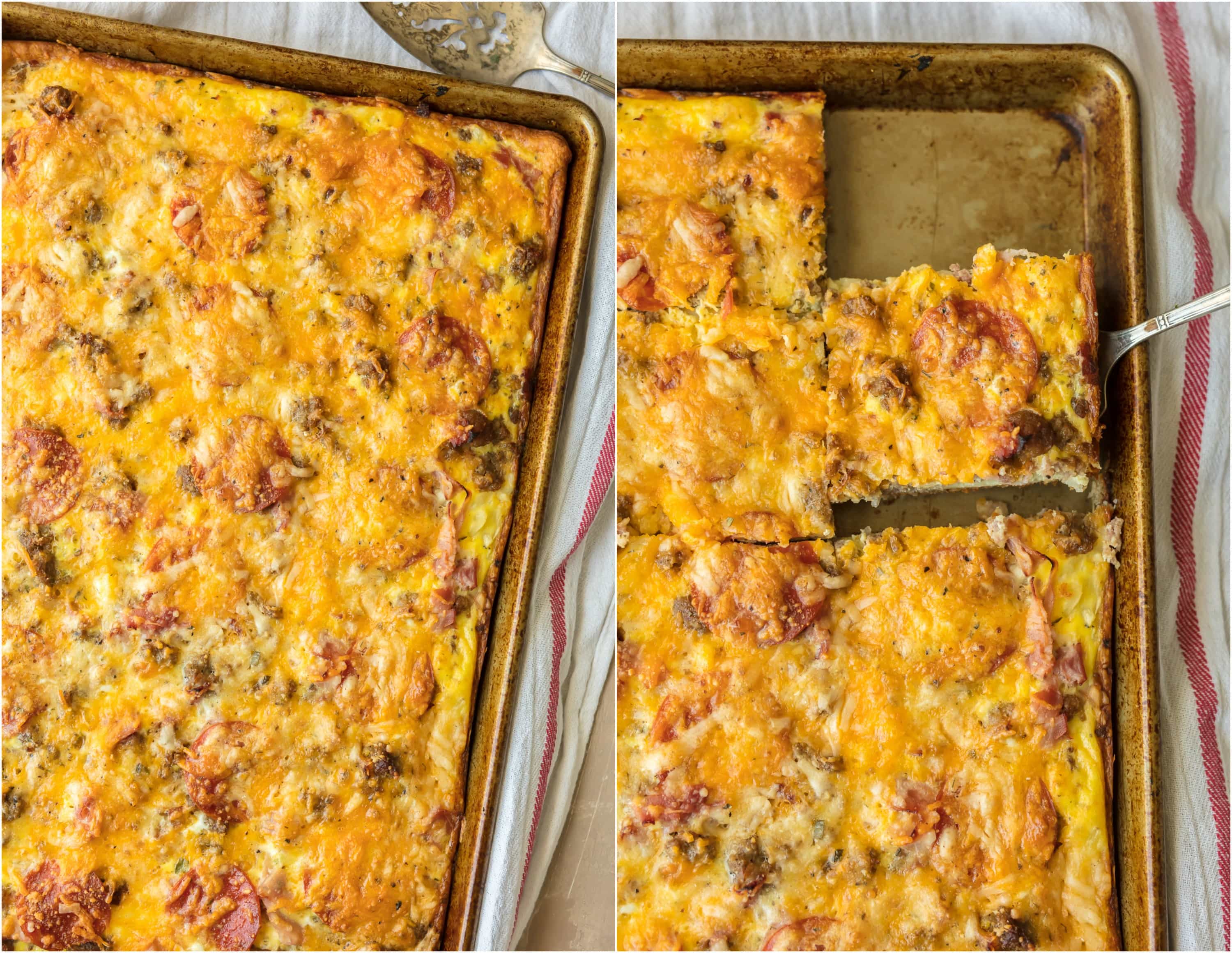 MEAT LOVERS PIZZA is one of the best, so why not bring that deliciousness to the breakfast table?! This meat lovers Breakfast Pizza is the perfect Christmas morning breakfast recipe! It's loaded with pepperoni, bacon, sausage, hamburger, egg, hash browns, and cheese! BEST SHEET PAN BREAKFAST PIZZA EVER! Meat Lovers Sheet Pan Breakfast Pizza