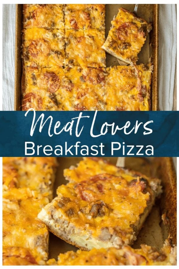 MEAT LOVERS PIZZA is one of the best, so why not bring that deliciousness to the breakfast table?! This meat lovers Breakfast Pizza is the perfect Christmas morning breakfast recipe! It's loaded with pepperoni, bacon, sausage, hamburger, egg, hash browns, and cheese! BEST SHEET PAN BREAKFAST PIZZA EVER!