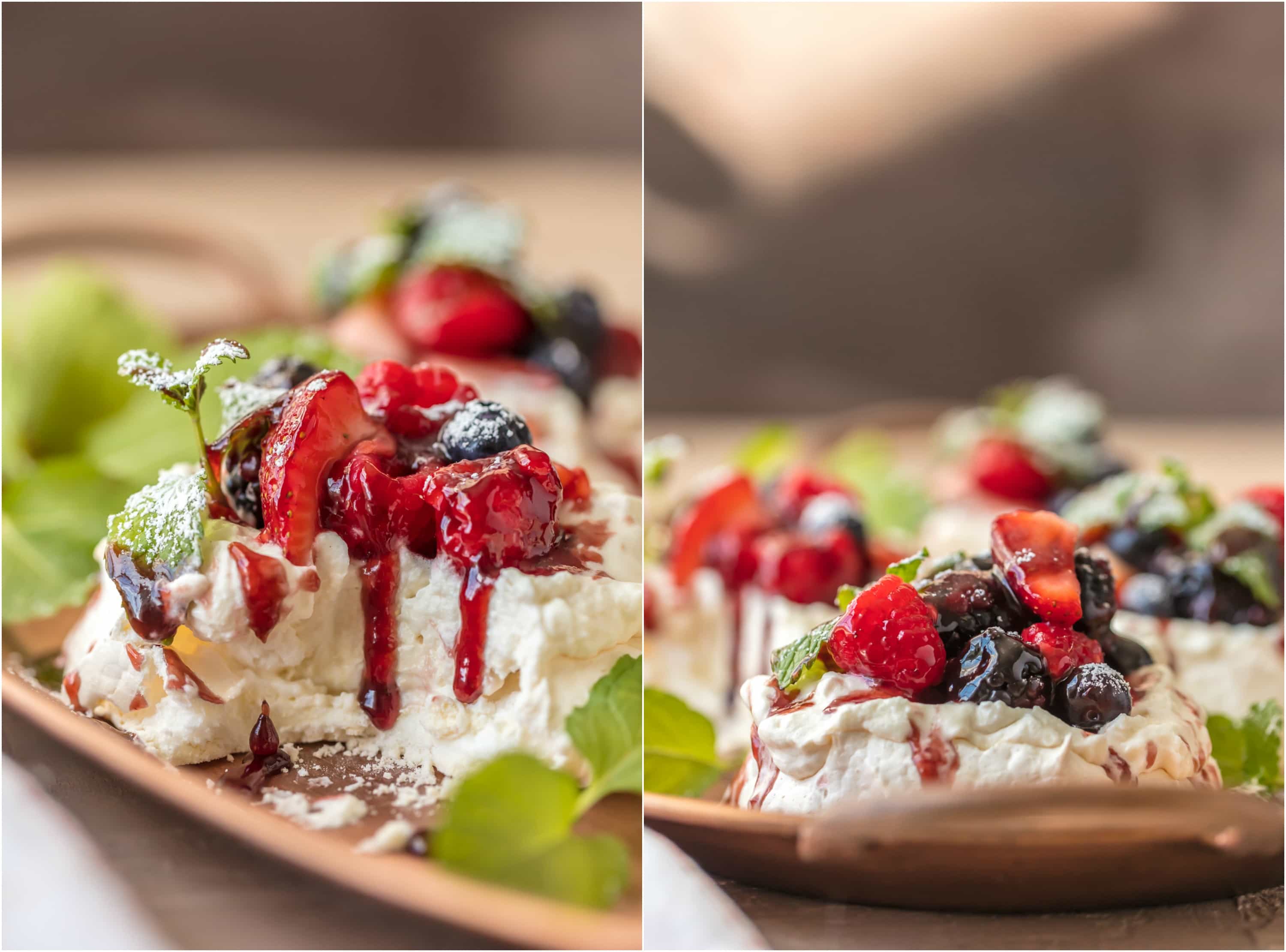 A piece of cake on a plate, with Pavlova and Fruit