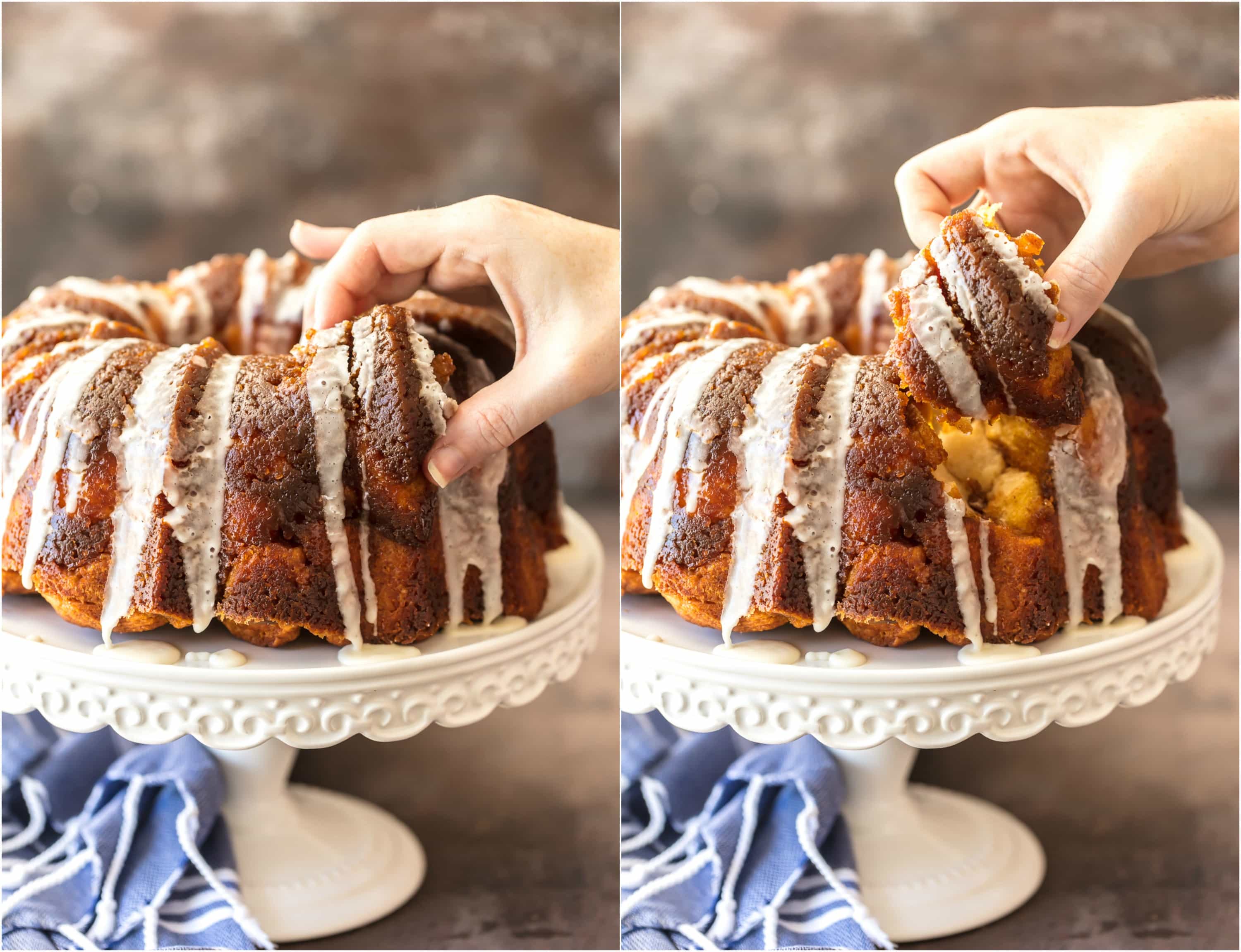 hand pulling monkey bread off cake stand