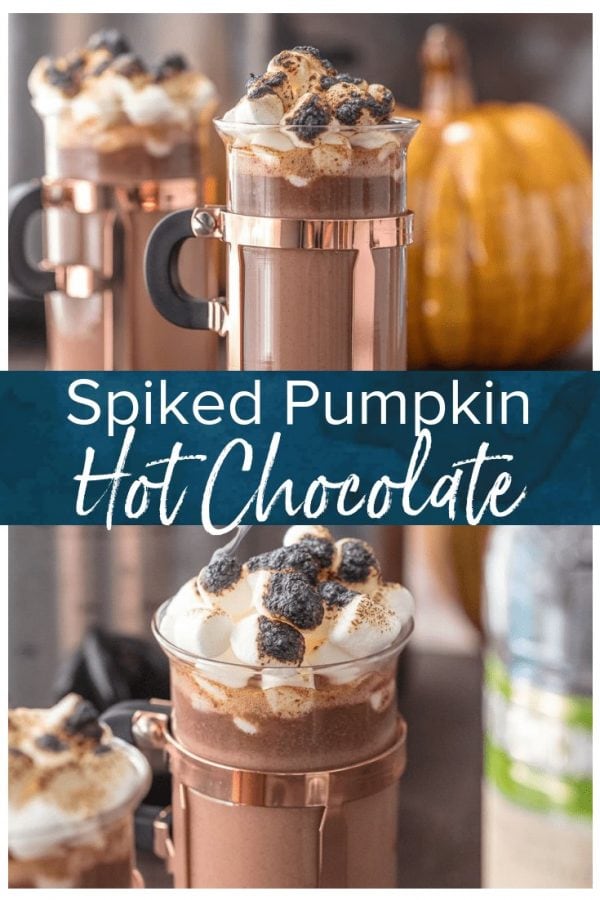 SPIKED PUMPKIN SPICE HOT CHOCOLATE is the ultimate Thanksgiving cocktail! This tasty spiked hot chocolate is made in a slow cooker and it's perfect for serving a crowd. This creamy twist on a classic is a must make for the holidays. Nothing is easier than slow cooker hot chocolate!