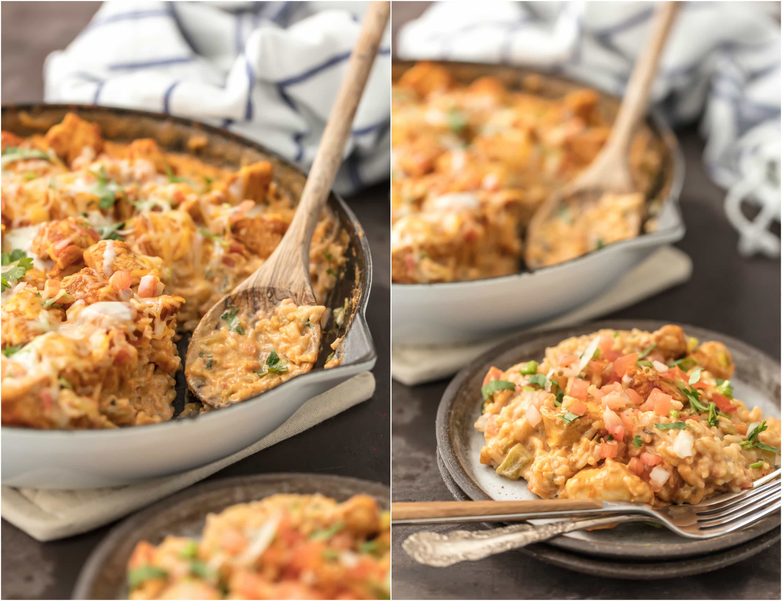 Chicken con Queso (Skillet Queso Chicken) is the ultimate one pot meal! Cheesy rice loaded with cilantro, pico de gallo, green chiles, and cream topped with taco spiced chicken. This one pan recipe is so cheesy, easy, and amazing. I used to always order Pollo con Queso at Mexican Restaurants and now I can easily make it at home. Chicken and Cheese...is there anything better?