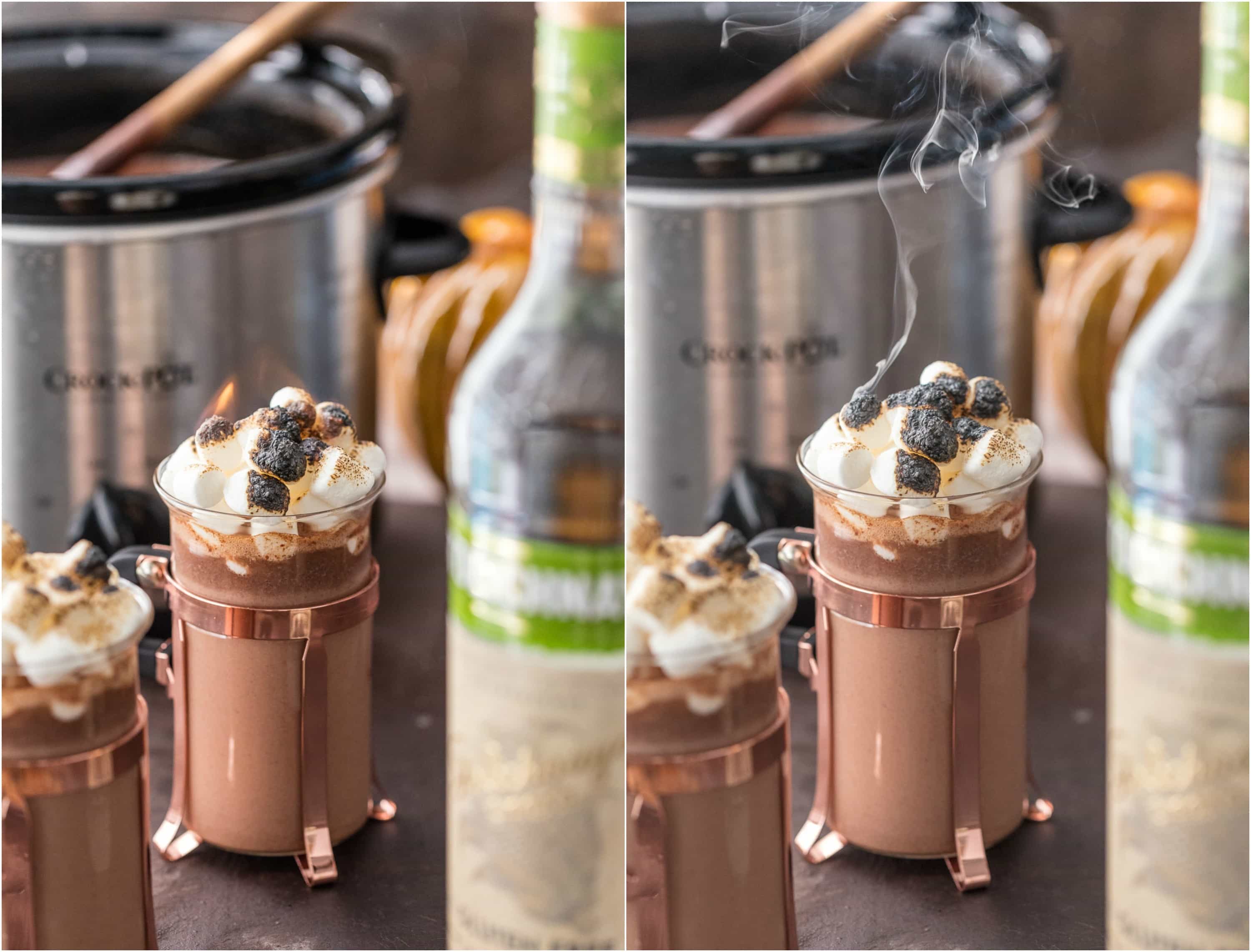 Spiked Hot Chocolate recipe next to a slow cooker and a bottle of vodka