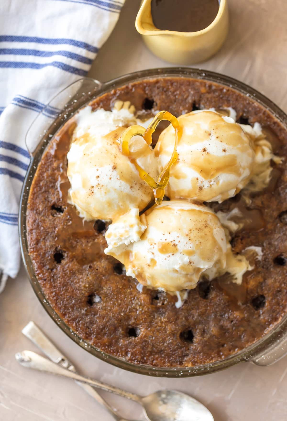 Sticky Toffee Pudding Cake topped with vanilla ice cream