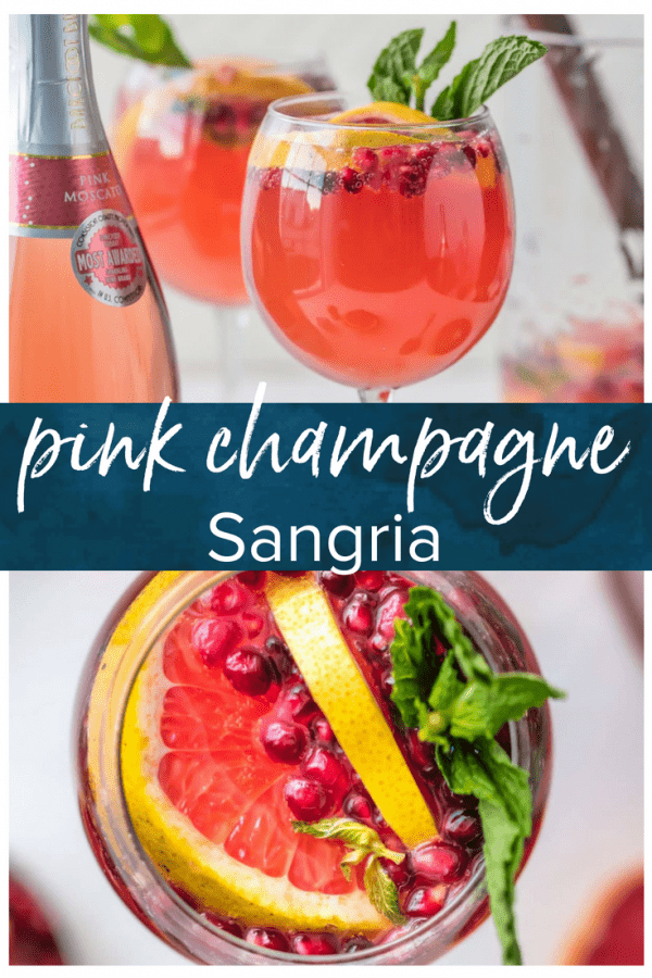 PINK CHAMPAGNE SANGRIA is the perfect New Years Eve cocktail! Ring in the new year with style and lots of pink bubbly. This fun sangria recipe is Pink Moscato Champagne mixed with grapefruit juice, pomegranate juice, and mint simple syrup. It's seriously delicious!