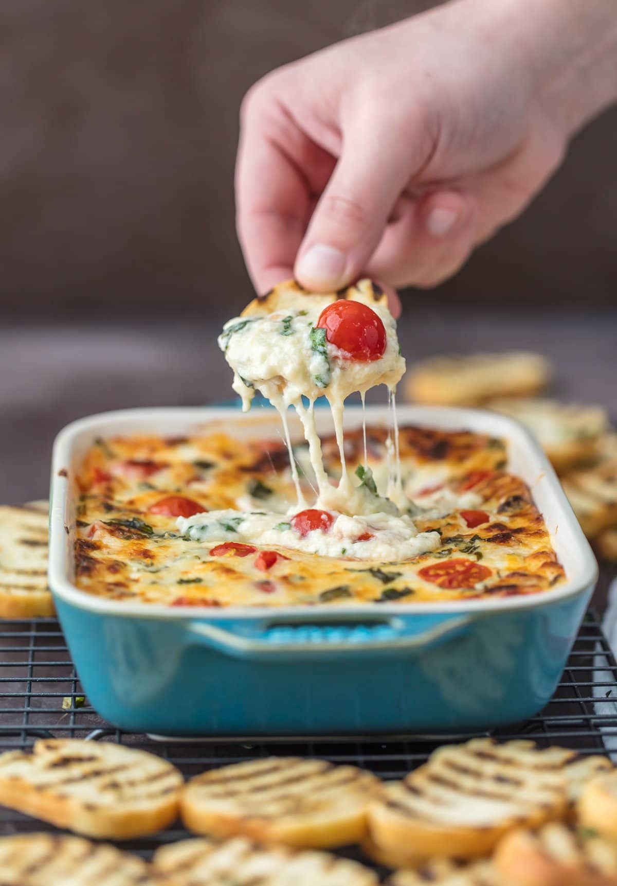 Caprese dip in a baking dish