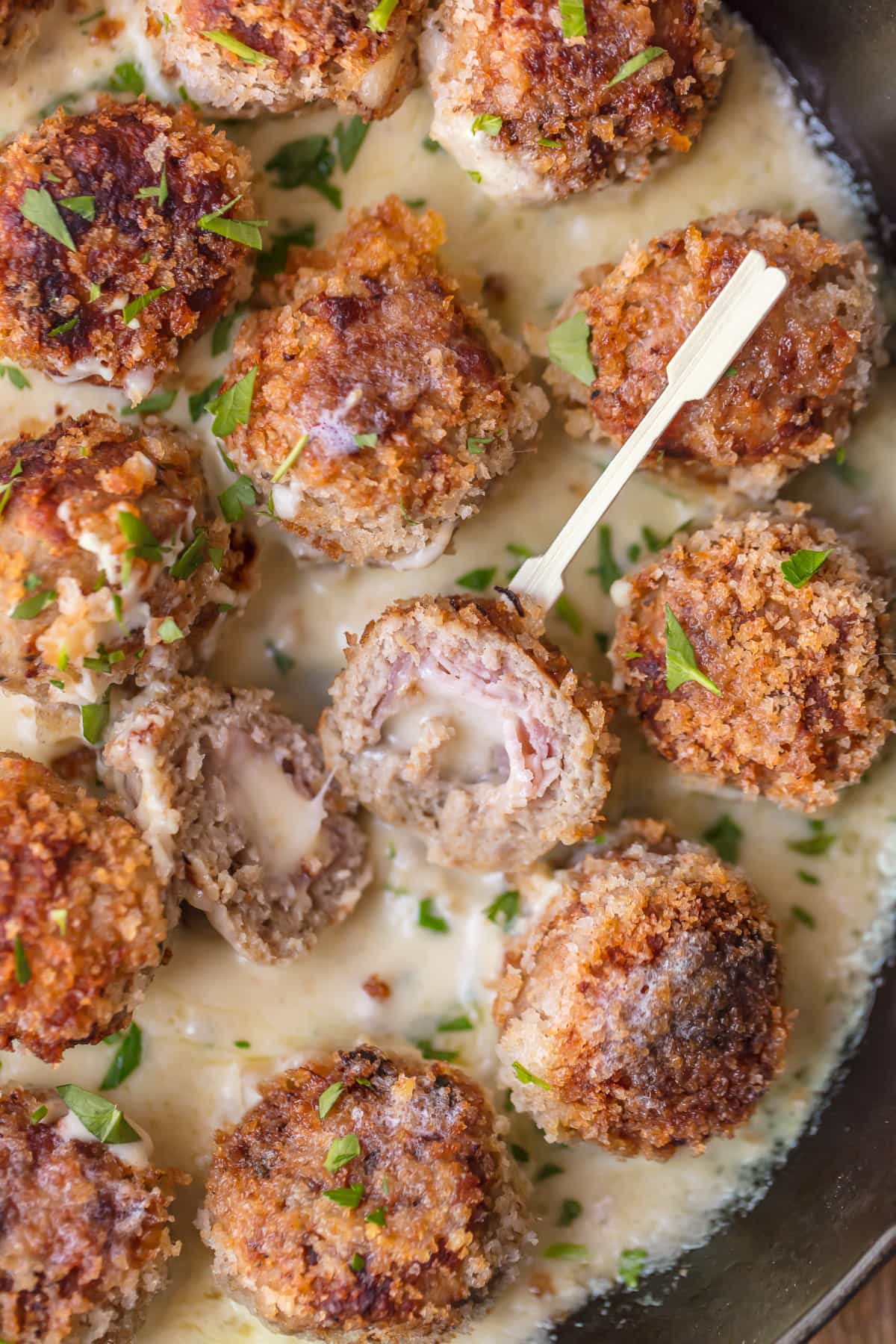 Cordon Bleu Chicken Meatballs filled with swiss cheese and ham