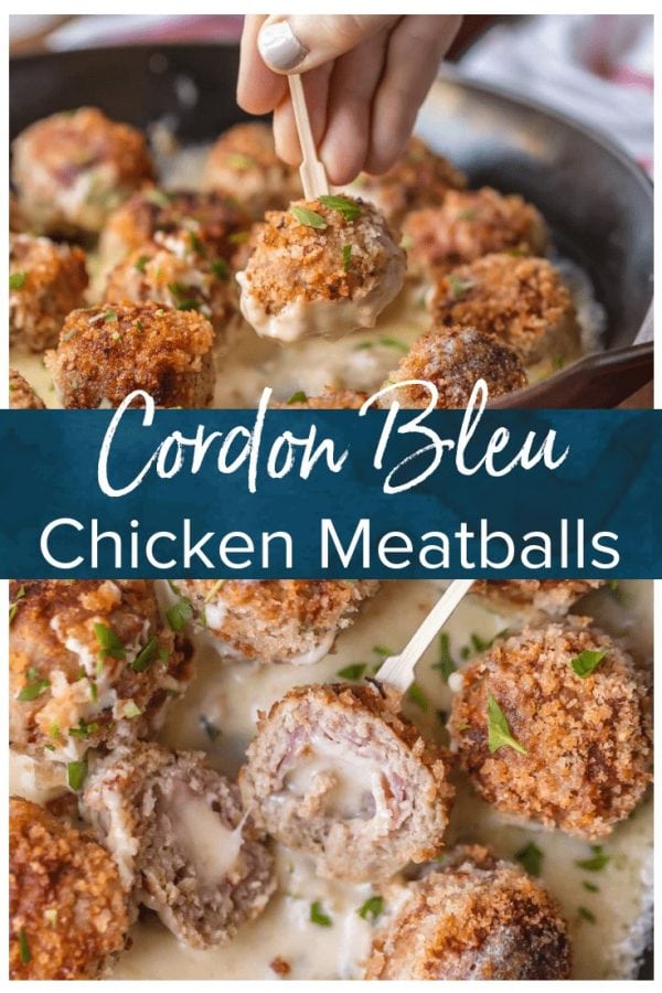 CHICKEN CORDON BLEU MEATBALLS are the most amazing holiday appetizer ever! Chicken meatballs stuffed with swiss and ham, and cooked in a white wine dijon sauce. I could eat these Cordon Bleu Chicken Meatballs for every meal!