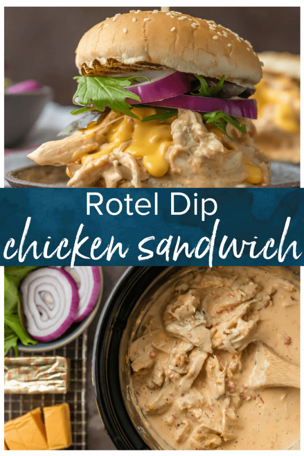 Chicken Rotel Sandwiches are the ultimate way to tailgate for the Super Bowl!  These Slow Cooker Rotel Dip Chicken Sandwiches are the perfect mix of flavors. Spicy Cheesy Chicken Sandwiches made in the crock pot. So easy and so addicting!