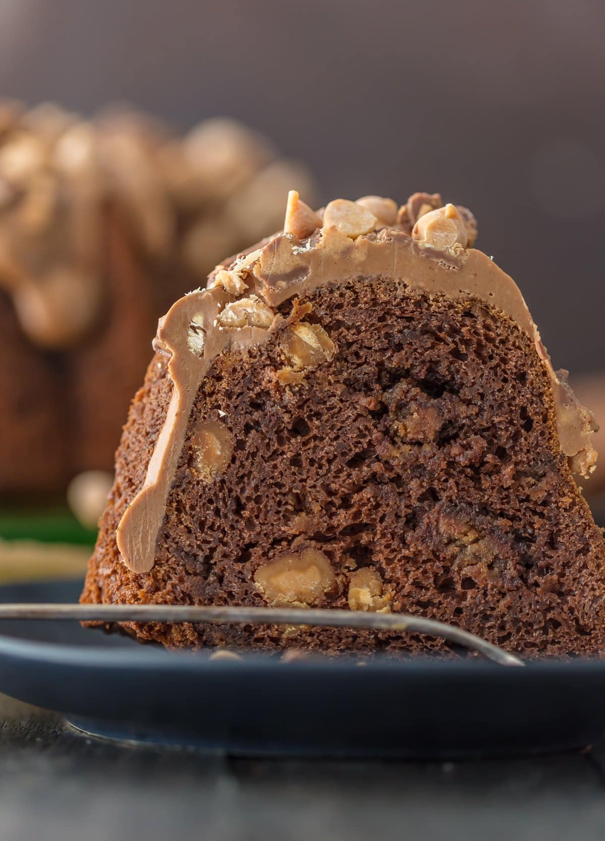 Close up of a slice of chocolate peanut butter cup bundt cake