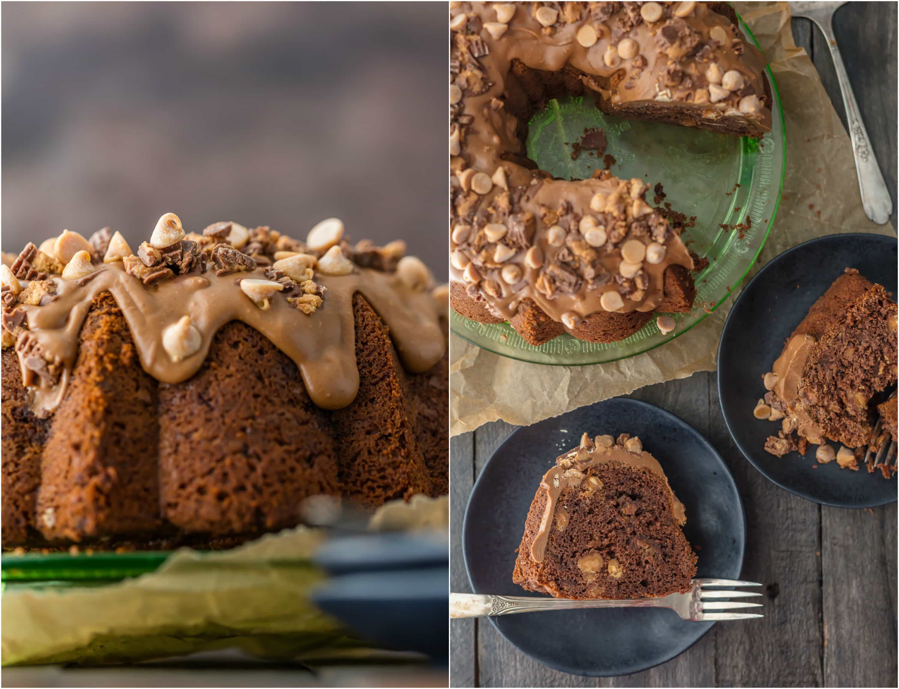 CHOCOLATE PEANUT BUTTER CUP POUND CAKE is the ultimate bundt cake recipe! Topped with a decadent peanut butter icing, this indulgent cake is perfect for the holidays!